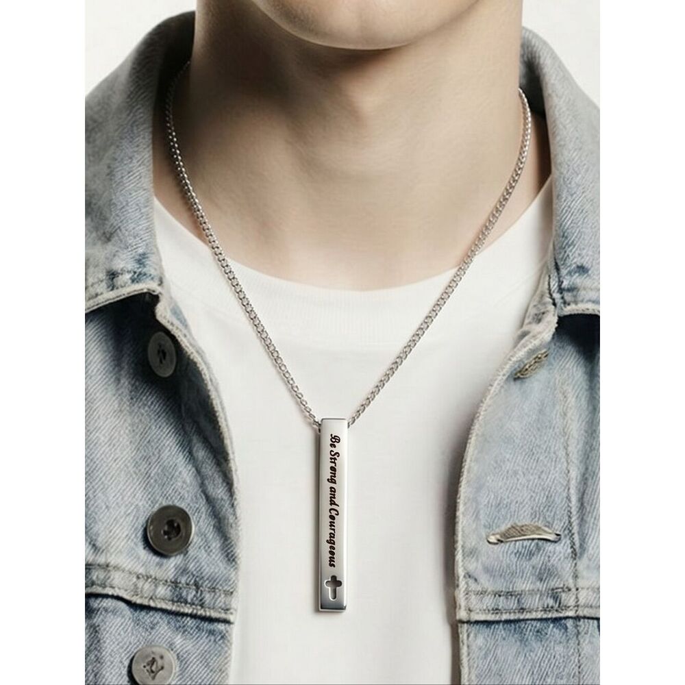 Be Strong and Courageous Silver Vertical Bar Necklace Stainless Steel Cross 20"
